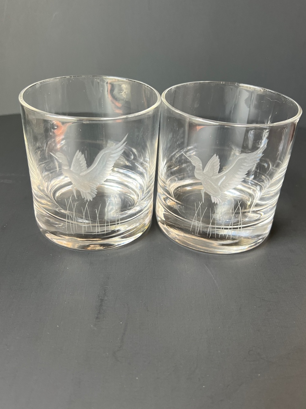 2 Handmade Etched Whisky Rocks Glasses Ducks Mallard Flying Grass Hunting Game